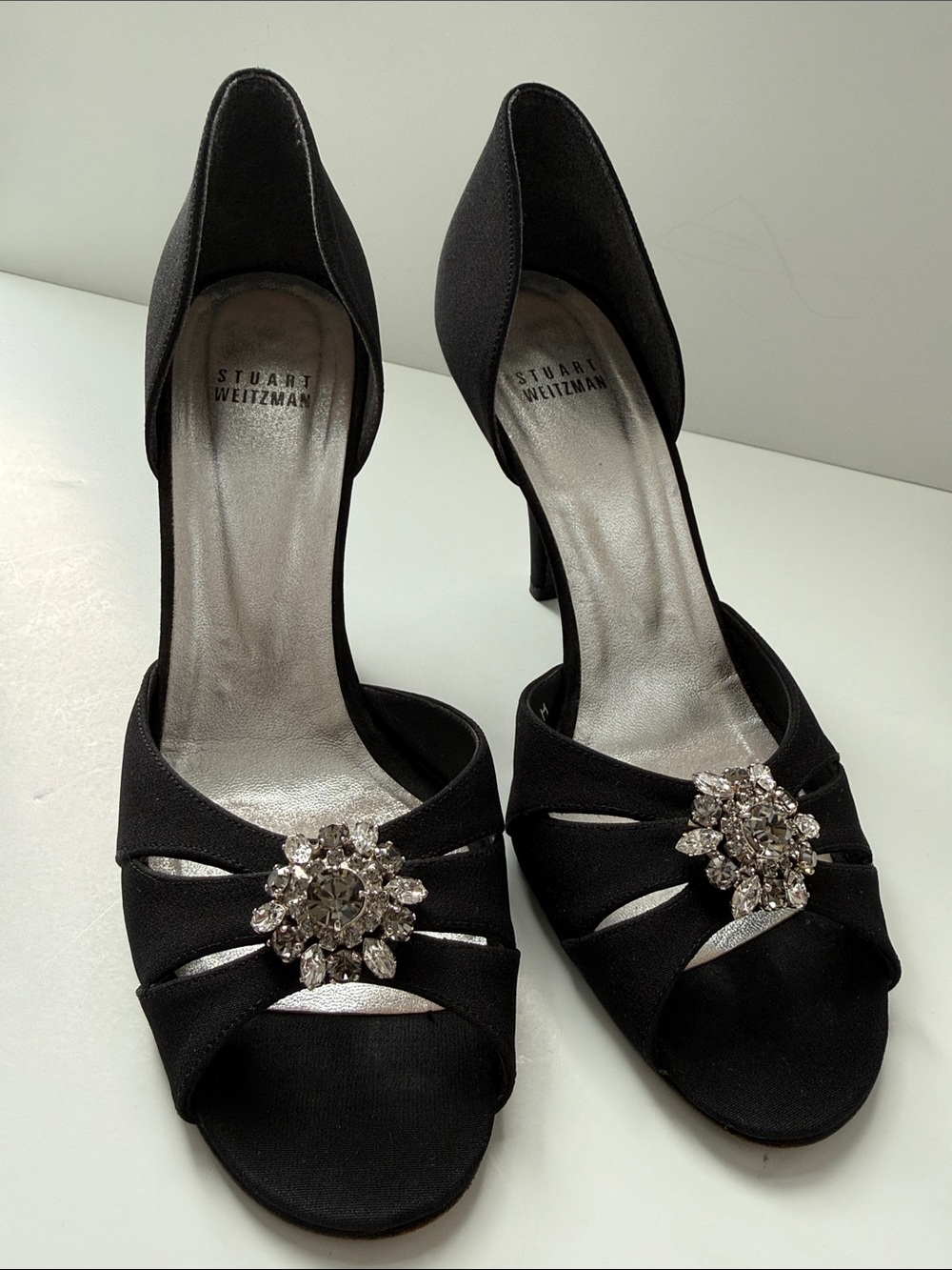 Stuart Weitzman Black Satin Open-Toe Heels with Crystal Brooch Accents